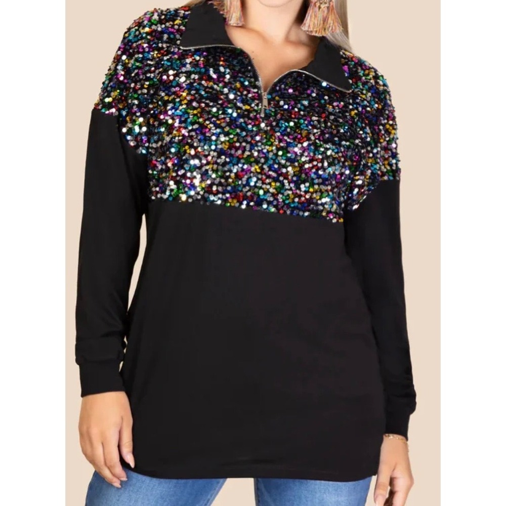 Sunshine Rodeos Sequin Half Zip Pullover Sweatshirt Black Multi Color‎ Women's M